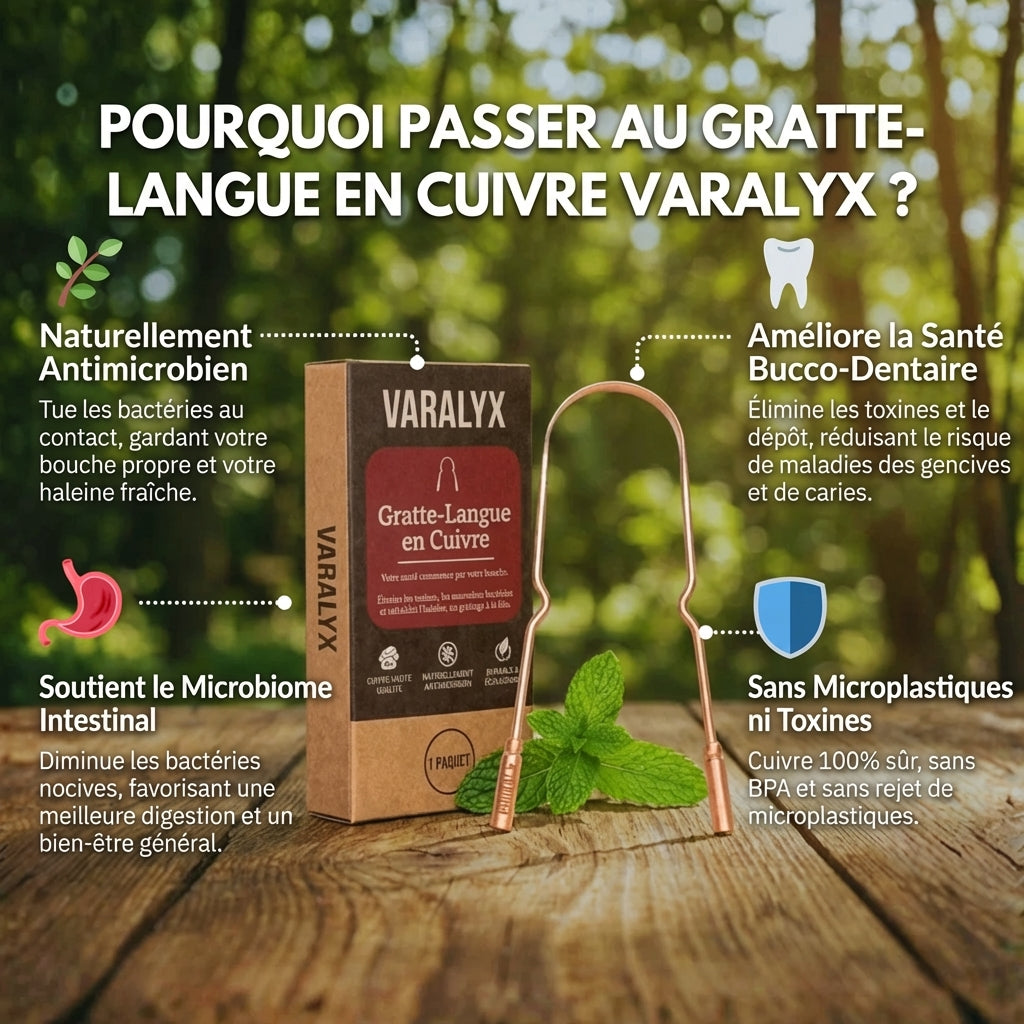 Gratte-langue en cuivre pur VARALYX hygiène buccale naturelle