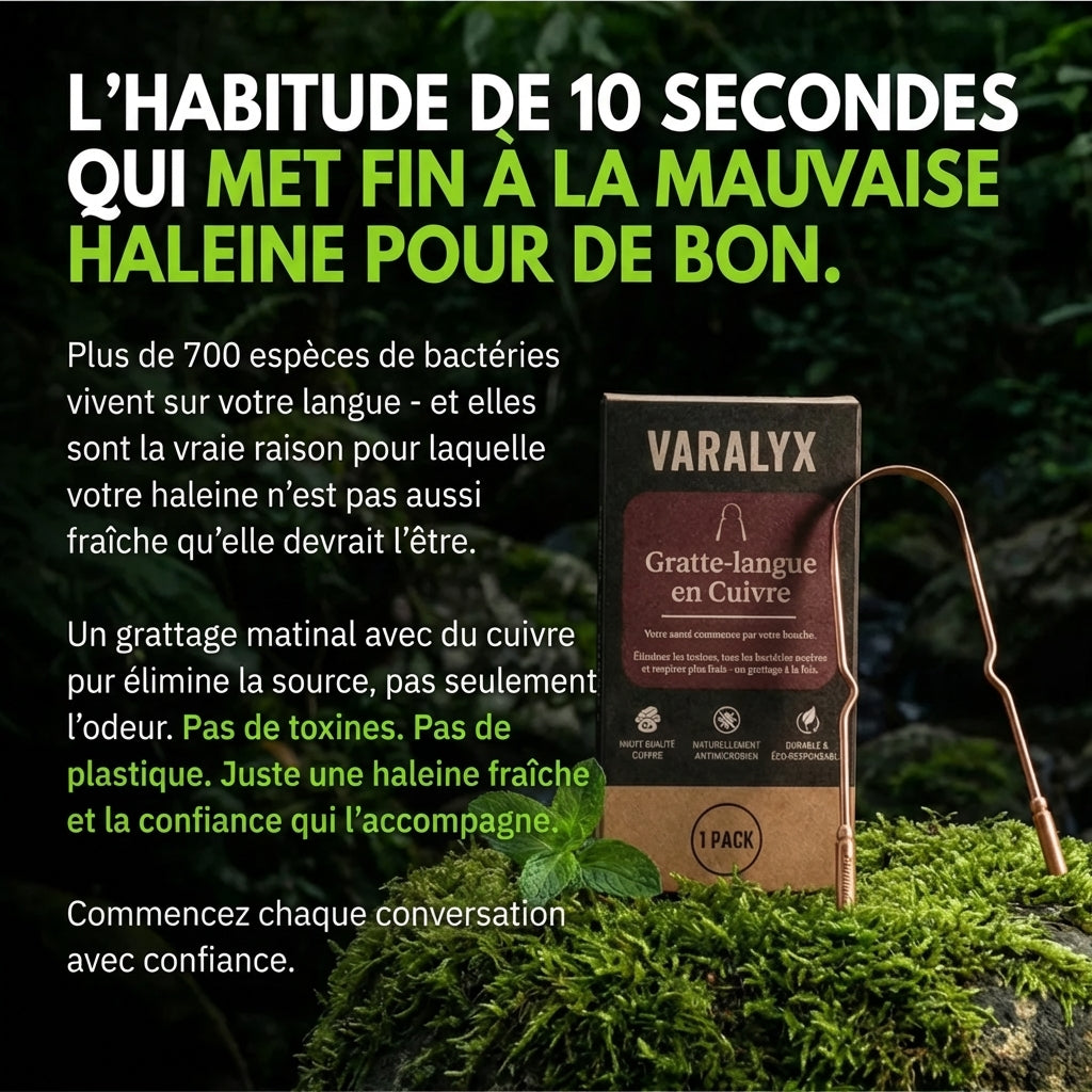 Gratte-langue en cuivre pur VARALYX hygiène buccale naturelle